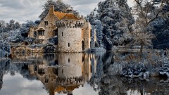 Landscapes nature snow winter frost lakes Castles Scotney Castle