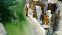 Landscapes nature snow winter water white Green waterfalls 