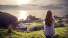Landscapes nature sun clouds hills woman blondes long hair 