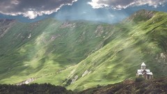 Landscapes nature sun Mountains clouds hills georgia churches 
