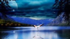 Landscapes nature Swans lakes digital art