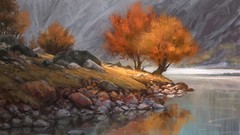 Landscapes nature Trees autumn paintings lakes shore
