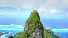 Landscapes nature Trees blue clouds ocean Green peak rocks 