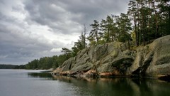 Landscapes nature Trees clouds cliffs rocks lakes skyscapes