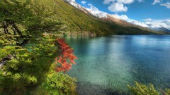 Landscapes nature Trees clouds hills calm lakes