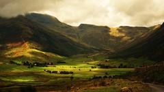Landscapes nature Trees clouds hills Green roads fields 
