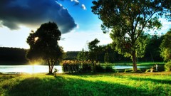 Landscapes nature Trees clouds lakes Green Lake