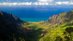Landscapes nature Trees grass blue clouds ocean hills white 