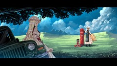 Landscapes nature Trees grass clouds hills cars dress back hats 