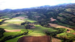 Landscapes nature Trees grass hills pink Green town brown crops 