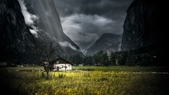 Landscapes nature Trees grass Mountains clouds Green 