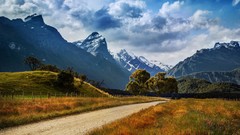 Landscapes nature Trees grass Mountains clouds New Zealand