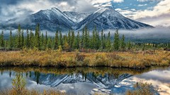 Landscapes nature Trees grass Mountains clouds reflections 