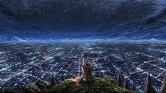 Landscapes nature Trees grass night Stars clouds lights Anime 