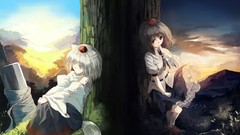 Landscapes nature Trees grass night weapons hats white hair red 