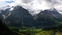 Landscapes nature Trees grass snow Mountains clouds Green 