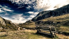 Landscapes nature Trees grass sun Mountains clouds light bench 