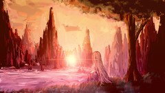 Landscapes nature Trees grass sun Mountains sitting sunlight 