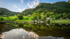 Landscapes nature Trees grass water blue clouds hills white 