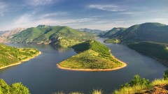 Landscapes nature Trees grass water blue clouds hills white 