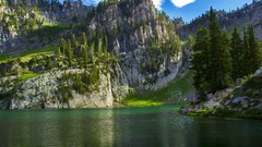 Landscapes nature Trees grass water blue clouds white Green 