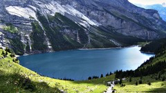 Landscapes nature Trees grass water blue Mountains Green 