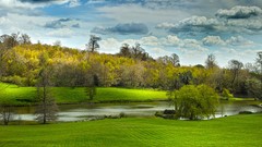 Landscapes nature Trees grass water clouds Green lagoon