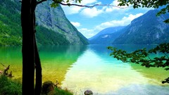 Landscapes nature Trees grass water Mountains clouds Green 