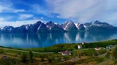 Landscapes nature Trees grass water Mountains clouds Norway 