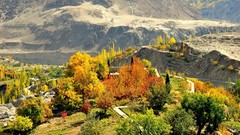 Landscapes nature Trees grass yellow Mountains red autumn Green 