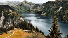 Landscapes nature Trees grass yellow water blue Mountains Green 