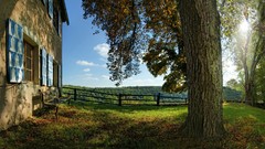 Landscapes nature Trees houses fences