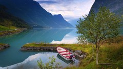Landscapes nature Trees Mountains Boats Norway lakes 