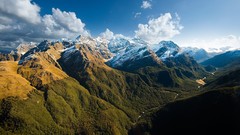 Landscapes nature Trees Mountains clouds conifers rivers blue 