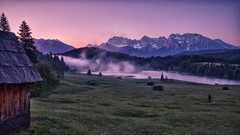 Landscapes nature Trees Mountains clouds hut