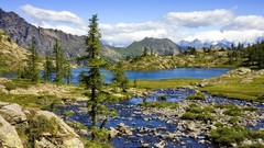 Landscapes nature Trees Mountains clouds lakes blue skies