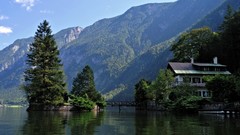 Landscapes nature Trees Mountains clouds lakes houses forests 