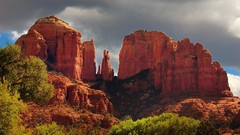 Landscapes nature Trees Mountains clouds red Green canyon 