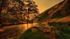 Landscapes nature Trees Mountains evening lighting beams shadows