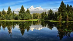 Landscapes nature Trees Mountains lakes reflections blue skies