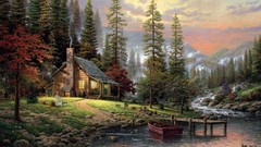 Landscapes nature Trees paintings houses cabin rivers forests 