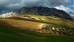 Landscapes nature Trees rock blue Mountains clouds white Green 