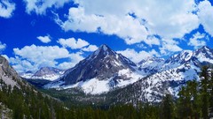 Landscapes nature Trees snow blue clouds white Green forests 