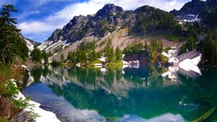Landscapes nature Trees snow water blue Mountains clouds white 