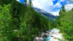 Landscapes nature Trees snow water blue Mountains clouds white 