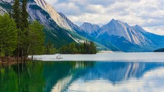 Landscapes nature Trees snow water blue Mountains clouds white 