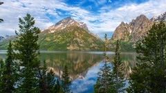 Landscapes nature Trees snow water Mountains clouds lakes 