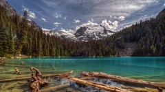 Landscapes nature Trees snow water Mountains clouds trunks 