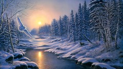 Landscapes nature Trees snow winter Animals water sun deer 