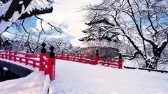 Landscapes nature Trees snow winter ice Japan Bridges